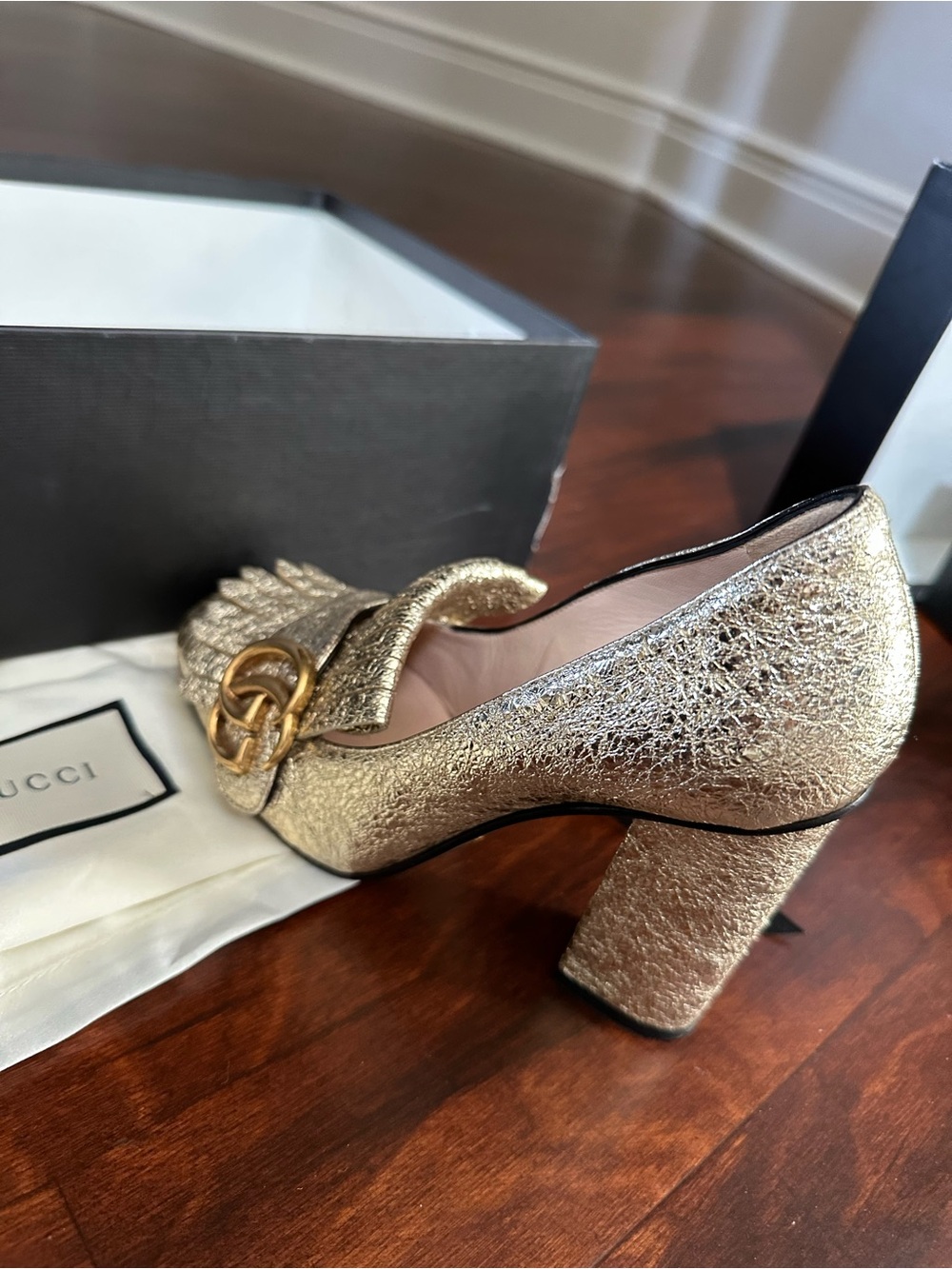 Gucci Gold Glitter Fringe Heeled Loafers with Double G - Picture 10 of 10